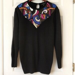 I. B. Diffusion 80's Vintage Funky Embellished Patch Yoke Silk Sweater Black L